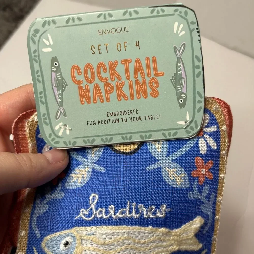 Envogue Set of 4 Cocktail Napkins Embroidered Sardines Anchovies NWT